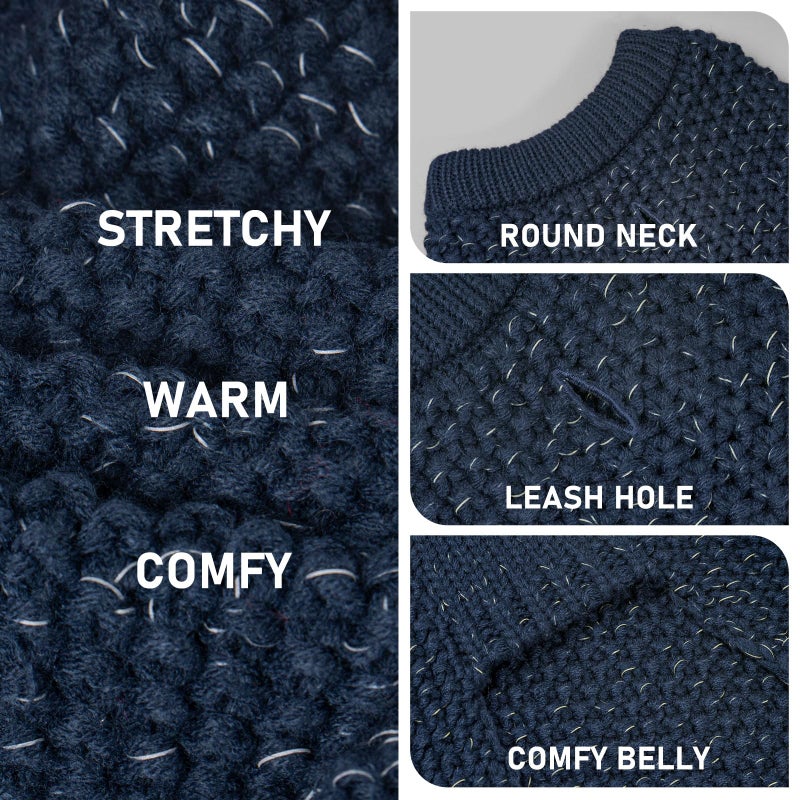 KYEESE Dog Sweater with Leash Hole Comfy Pullover Sweater Medium Size Male with Reflective Yarn Warm Pet Coats Stretchy Cozy Lightweight Thick Knitwear Dog Clothes, Navyblue, X-Large - Image 3